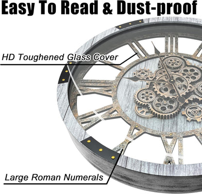 DORBOKER 30" Original Moving Gears Wall Clock, Large Industrial Wall Clock for Living Room Decor, Solid Wood Vintage Farmhouse Steampunk Rustic Clocks for Wall Decor,Silver Grey