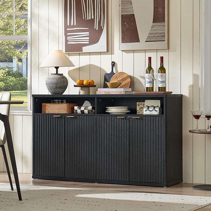 LEYAOYAO Fluted Buffet Cabinet with Storage, 55" Wide Wood Sideboard Credenza with 4 Doors & Open Storage Shelf, Modern Kitchen Console Accent Cabinets, Coffee Bar Table for Dining Room, Black Oak
