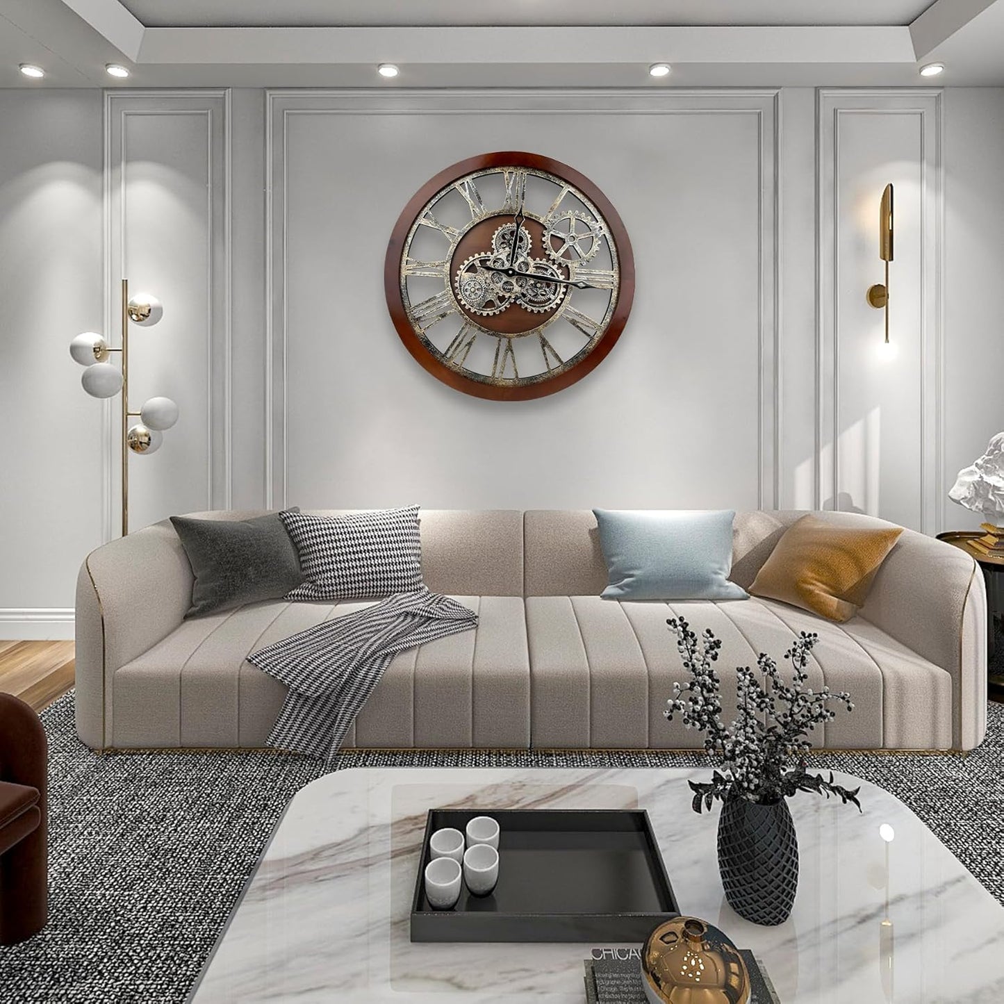 The B-Style Large Wall Clock 24 inch Moving Gear Wall Clock Oversized Vintage Farmhouse Wall Clocks for Living Room Decor Rustic Industrial Wood Clock (Black walunt Wood and Bronze)