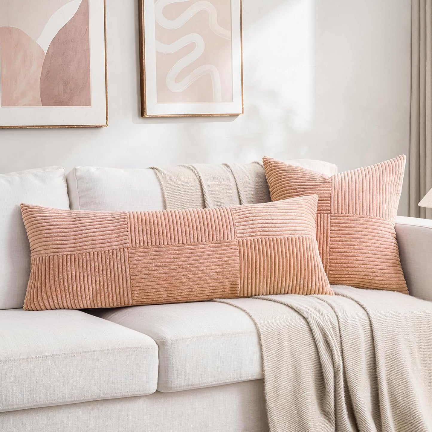 Fancy Homi 2 Packs Peach Decorative Throw Pillow Covers 20x20 Inch for Living Room Couch Bed Sofa, Rustic Farmhouse Boho Home Decor, Soft Corss Corduroy Patchwork Accent Square Cushion Case 50x50 cm