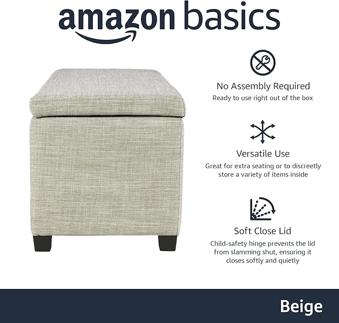 Amazon Basics Upholstered Storage Rectangular Ottoman and Entryway Bench, Polyester, Beige, 35.5"W x 16.5"D x 17"H