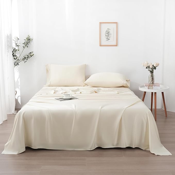 400TC Queen Sheets, Rayon Derived from Bamboo, Cooling Bed Sheets Set,Deep Pocket Up to 16", 4 Pieces Silky Soft, Breathable Bedding Sheets & Pillowcases,Cream