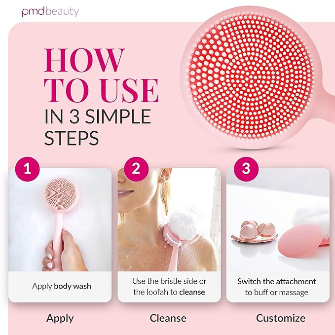 PMD Clean Body - Smart Body Cleansing Device with Silicone Brush & Three Interchangeable Attachments - Waterproof - SonicGlow Vibration - Cleanse, Exfoliate, & Massage Body