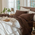 MooMee Bedding Sheet Set 100% Washed Cotton Linen Like Textured Breathable Durable Soft Comfy (Solid Cocoa Brown, Twin)