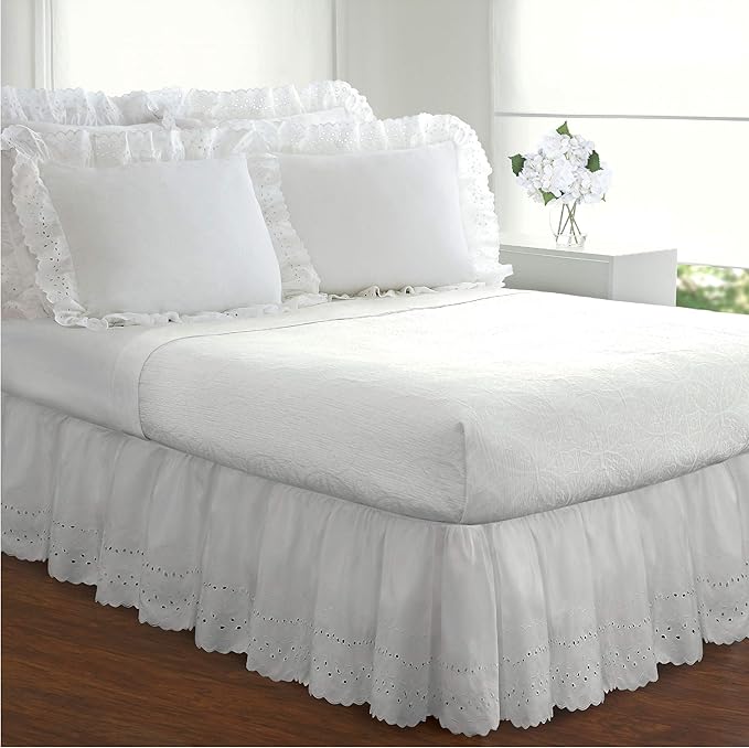 Fresh Ideas Eyelet Bed Skirt, Ruffled Design, 18 Inch Drop, Embroidered Scalloped Edge, King, White