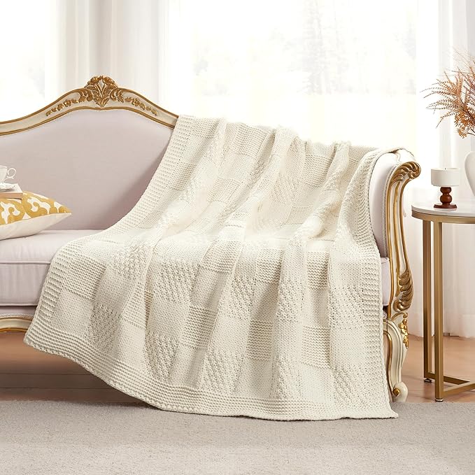 Amélie Home Checkered Chenille Knit Throw Blanket for Couch, Classic Texture Decorative Soft Blanket for Sofa, Chair & Bedroom, 50"x60", Ivory