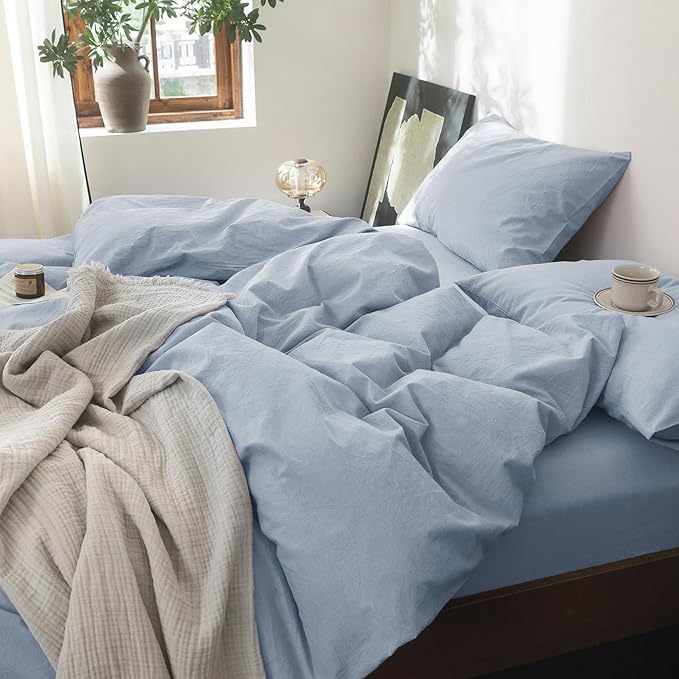 FOSSA Duvet Cover Set 100% Washed Cotton Linen Feel Super Soft Breathable Cozy 3 Pieces Bedding Sets Solid Cornflower Blue Oversized King