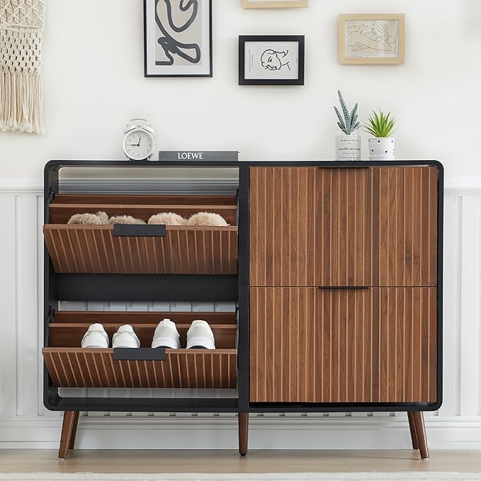 47" Fluted Large Shoe Cabinet with 4 Flip Drawers, Slim Freestanding Shoe Cabinet Organizer, Narrow Shoes Storage Rack for Entryway, 5 Sturdy Legs (Walnut with black, 9.45"D x 47.24"W x 35.83"H)