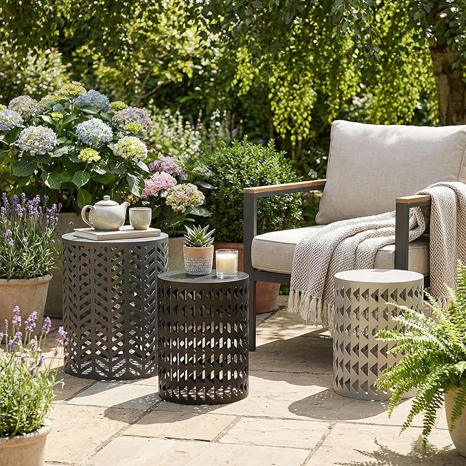 Nesting Outdoor Side Table, Small Round Metal Coffee Tables Set of 3, Stacking End Table for Garden Apartment Small Space, 176lbs, Bedside Tables, Nightstand, Plant Stand
