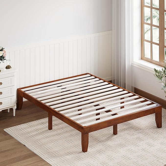Giantex 14 Inch Queen Wood Platform Bed Frame, Minimalist Style Mattress Foundation with Solid Rubber Wood, Heavy Duty Slat Support, Without Headboard, Easy Assembly, No Box Spring Needed, Walnut