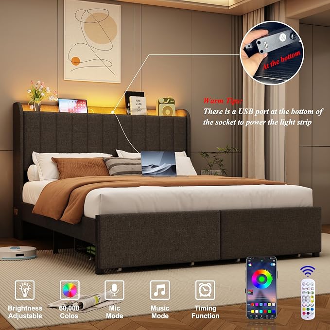 Queen Size Bed Frames with Storage Headboard and 2 Drawers, Upholstered Platform Bed Frame Queen with Led Lights and Handy Charging Station, No Box Spring Needed, Easy Assembly, Noise Free, Gray