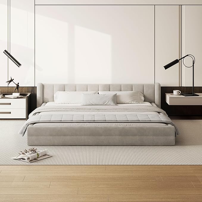 DEINPPA King Size Bed Frame with Cloud Soft Headboard, Chenille Upholstered Grounded Wood Base Bed Frame, No Box Spring Needed-Beige