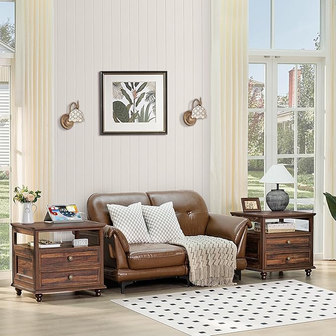 Farmhouse Nightstand with Charging Station, 24" Wide End Table with 2 Drawers,Brown Dresser for Bedroom, Bed Side Table Chest of Drawers Cabinet,Wood Night Stand for Living Room, Closet