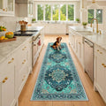 Area Rugs 2'x8' Washable Non-Slip, Floral Vintage Distress Print Pattern Medallion Carpet for Living Room Bedroom Dining Room, Teal Green Lake Blue Turquoise