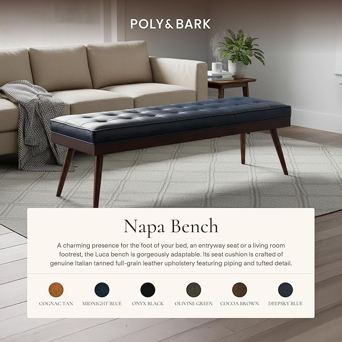 POLY & BARK 55" Tufted Leather Bed Bench for Bedroom End of Bed - Living Room Entry Way Bench - Pure Italian Leather Upholstery with a Solid Wood Frame - Ottoman Bench with Wooden Legs - Midnight Blue