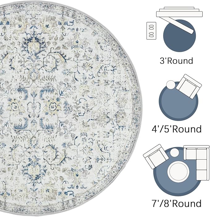 jinchan Kalen Round Rug 8ft Area Rug Washable Vintage Indoor Retro Accent Floor Cover Distressed Floral 8' Round Circle Boho Non Slip Thin Carpet for Living Room Dining Room Bedroom Kitchen Blue