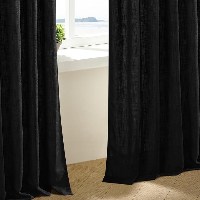 Black Pinch Pleated Linen Cafe Curtains 45 Inch Length 2 Panels for Dining Room Kitchen Bedroom Semi Sheer Pleat Drapes with Hooks Rings Light Filtering Short Window Curtain Cabinet 40x45
