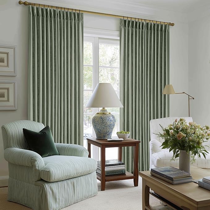 Sage Green Pinch Pleated Linen Curtains 80 Inches Long for Living Room Bedroom Light Filtering Boho Window Drape 80 inch 2 Panels with Hooks Rings Sliding Glass Door Semi Sheer Curtain Light Green
