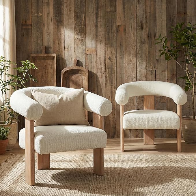 VKNOW Accent Chairs Set of 2, Modern Upholstered Living Room Chair Armchair with Solid Wood Legs, Comfy Barrel Arm Chairs for Living Room Bedroom, Cream
