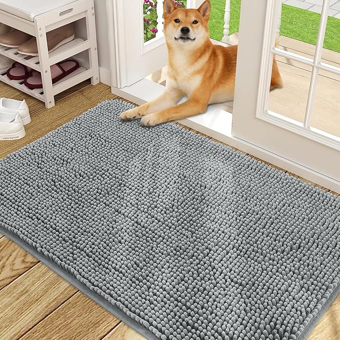 OLANLY Dog Door Mat for Muddy Paws 48x30, Absorbs Moisture and Dirt, Absorbent Non-Slip Washable Doormat, Quick Dry Chenille Mud Mat for Dogs, Entry Indoor Entryway Carpet for Inside Floor, Grey