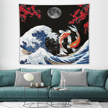 Houselerax Japanese Koi Fish Tapestry, Yin Yang Big Wave Red Cherry Blossom Tapestries Wall Hanging for Bedroom Living Room Office Decor 60"x50"