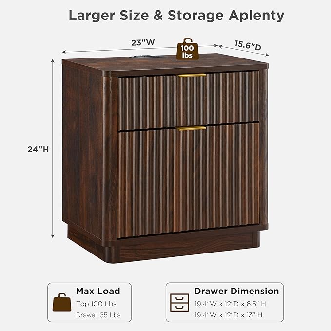 T4TREAM 23'' Fluted Nightstand with Charging Station, Large 2 Drawer Bedside Table, Modern End Table with Storage, Mid Century Night Stand for Bedroom, Living Room, Curved Profile, Dark Walnut