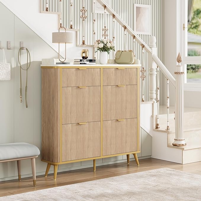 Fluted Shoe Cabinet Storage, Modern Slim Shoe Organizer Cabinet with 4 Flip Drawers & 2 Drawers, Wooden Freestanding Shoe Rack Cabinets for Entryway, Foyer, Hallway, Natural Oak