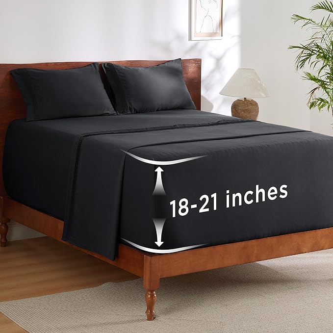 Bedsure Deep Pocket King Sheet Set - Fits Mattresses Up to 21 Inches Thick - 4 Piece GentleSoft Bed Sheets, Moisture Wicking, Soft & Cooling Bedsheet & Pillowcases, Easy & Secure Fit, Black