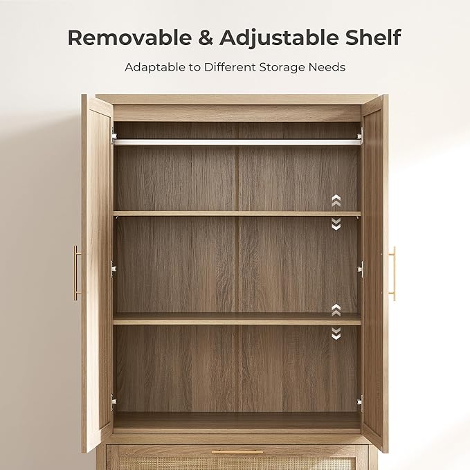 SICOTAS Armoire Wardrobe Closet, Larger Rattan Armoires Wardrobe Cabinet with 2 Large Drawers & Hanging Rod, Tall Closet Storage Cabinet for Cloak Room, Bedroom, Light Oak (3 PCS)