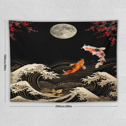 Houselerax Koi Fish Tapestry, Japanese Style Yin Yang Big Wave Cherry Blossom Tapestries Wall Hanging for Bedroom Living Room Office Decor 80"x60"