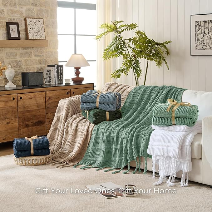 Boho Knitted Chenille Blanket with Tassels - Lightweight & Soft All-Season Throw - 3D Classic Pattern for Living Room Bedroom Couch, Sage Green, King 90"x108"