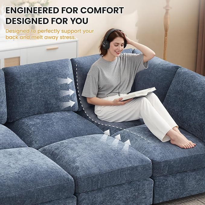 89'' Modular Sectional Cloud Sofa Bed, 6-Seater Convertible Sofa Couch with Ottoman, Modern Deep Seat Sleeper Sofa for Living Room, Chenille Blue