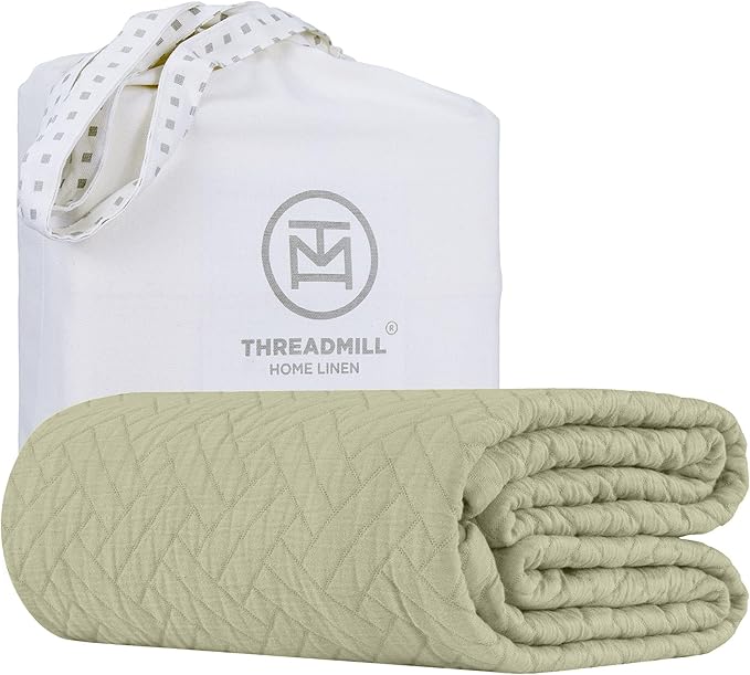 Threadmill Luxury Cotton Blankets for Queen Size Bed | All-Season 100% Cotton Queen Size Blanket | Criss Cross Cozy Lightweight, Soft Breathable Coverlet fits Full Size Bed, 90x92 | Sage Green