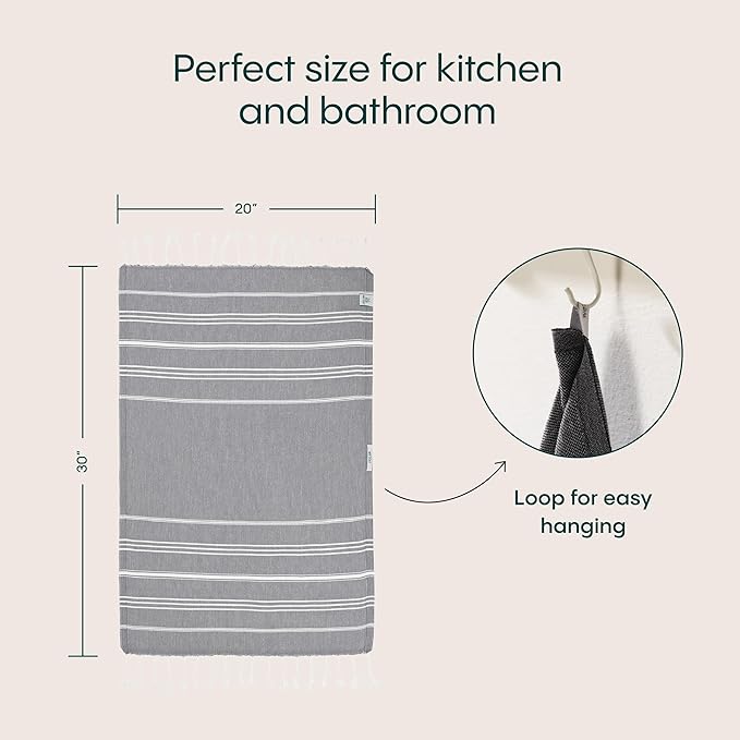 WETCAT Turkish Hand Towels with Hanging Loop, Set of 2 (20" x 30") 100% Turkish Cotton, Pre-Washed, Quick Drying, for Kitchen or Bathroom - Dark Gray