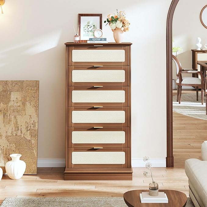 6 Drawer Dresser for Bedroom, 50 Inch Tall Dressers & Rattan Chest of Drawers, Mid Century Style, Wood Modern Dressers Organizer for Bedroom, Living Room, Hallway, Entryway, Walnut