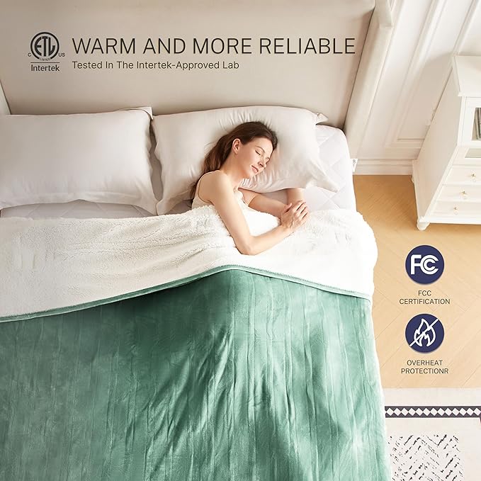 Electric Blanket Throw 50"x60" Heated Electric Blankets 10 Heating Levels 12 Time Settings 3 Hours Auto Off Fast Heating and Overheat Protection ETL Certified Machine Washable,Green