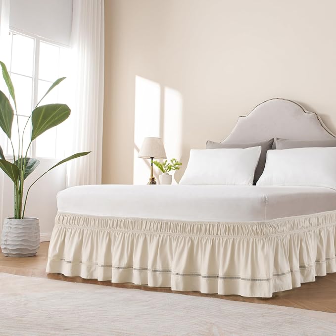 MIYE Wrap Around Ruffled Lace Bed Skirt, Elastic Dust Ruffle with Adjustable Belts, Easy to Put On, Bed Frame Cover, Machine Washable (Ruffled Lace/Light Beige, King/Queen-12.5" Drop)