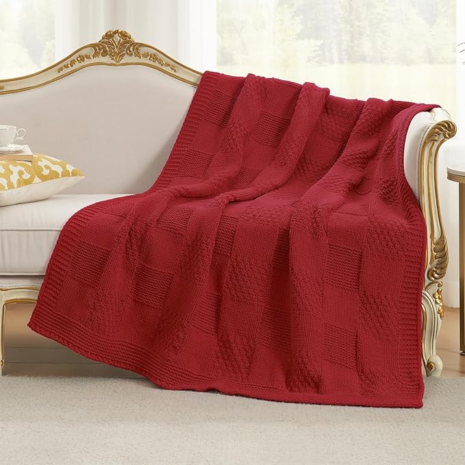 Amélie Home Checkered Chenille Knit Throw Blanket for Couch, Classic Texture Decorative Soft Blanket for Sofa, Chair & Bedroom, 50"x60", Christmas Red