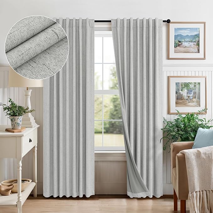 Pitalk 63 Inch Length Curtains for Living Room Black Out 2 Panel Faux Linen Rustic Country Farmhouse Style Room Darkening Light Gray Blackout Curtains for Bedroom Dove Grey 52 x 63 Inches Long