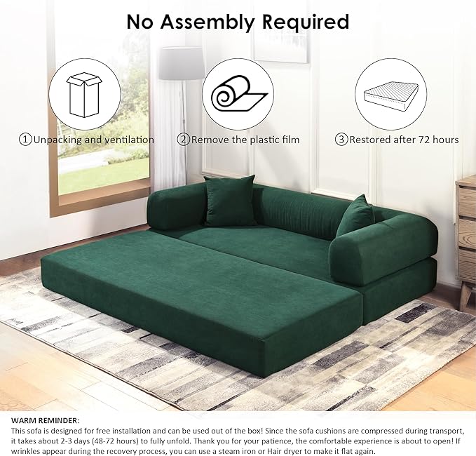 80" Convertible Sofa Bed, 3-in-1 Corduroy Folding Pull Out Couch with Pillows, No Assembly Modern Boneless Couch Compression Sofa in Box, Floor Sofa with Side Storage Pocket for Living Room,Dark Green