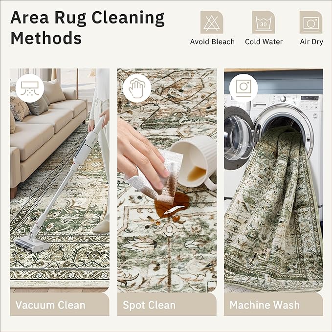 6x9 Area Rugs for Living Room Non-Slip Washable Rugs 6x9 Vintage Rug for Bedroom Dinning Room Ultra-Thin Area Rugs Farmhouse Home Decor Olive/Beige