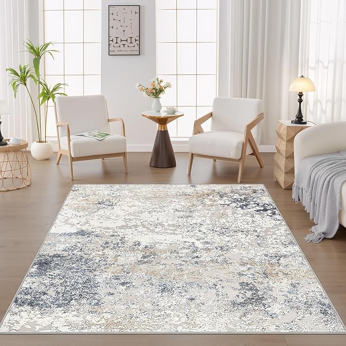 Square Area Rug Living Room Rugs - 6x6 Washable Large Soft Indoor Neutral Modern Abstract Low Pile Rug Carpet for Bedroom Dining Room Farmhouse Home Office - Beige Blue