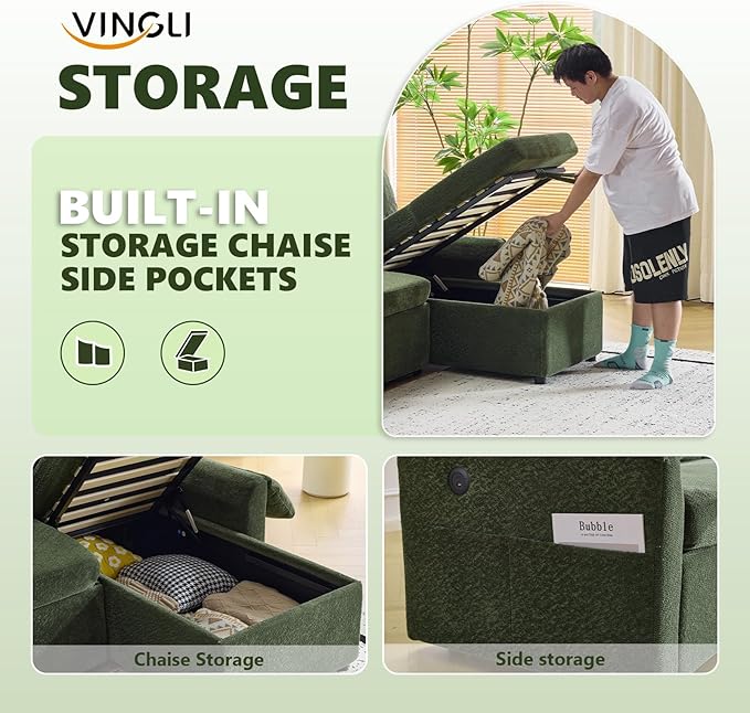 VINGLI Convertible Sofa Bed Couches for Living Room, Sleeper Sofa with Pull Out Couch Bed, Cloud-Like Plush Fleece L-Shape Sectional Couch with Storage Chaise, USB Charging, Side Pockets (Green)