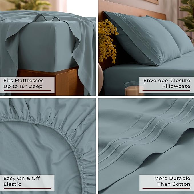 Mellanni Twin Sheet Set - 4-Piece Iconic Collection Bedding, (Including 2 Pillowcases), 16-Inch Deep Pocket, Easy Care, Extra Soft, Cooling Sheets, Brushed Microfiber - Spa Blue