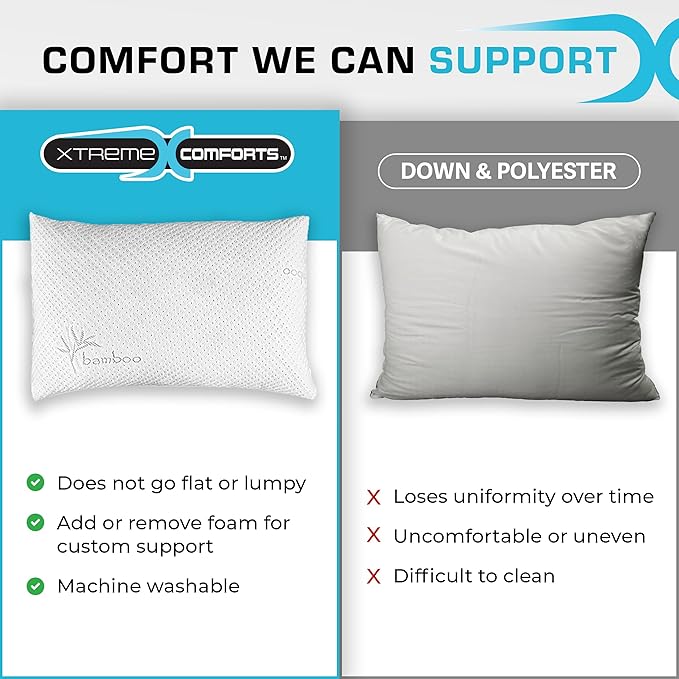 Xtreme Comforts Set of 2 Pillows for Sleeping Sleep Adjustable Shredded Memory Foam Pillows with Removable Cover | Support for Side, Back & Stomach Sleepers - Queen Size