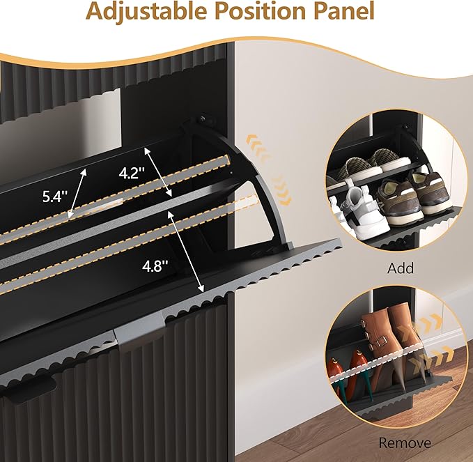Shoe Cabinet Storage for Entryway with 4 Flip Drawers, Black Fluted Shoe Cabinet with Adjustable Shelves, Wooden Hidden Shoe Rack Freestanding Narrow Slim Shoes Storage for Hallway, Entrance