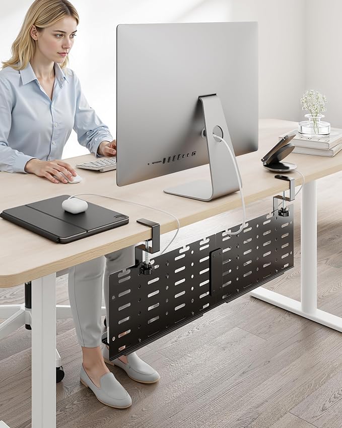 Under Desk Cable Management Tray, 30.2" Vertical Metal Pegboard Organizer for Power Strip, Cables, Clamp On Cord Organizer Rack with Hooks, Trays & Cable Straps for Home Office, Black