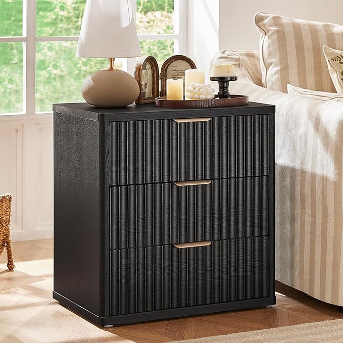 LEYAOYAO Fluted Dresser and 3 Drawers Nightstand Set of 2, Wood 48" Wide Dresser & 23" Night Stand with Charging Station, 3 Piece Bedroom Furniture Set, Chest of Drawers for Home,Living Room,Black
