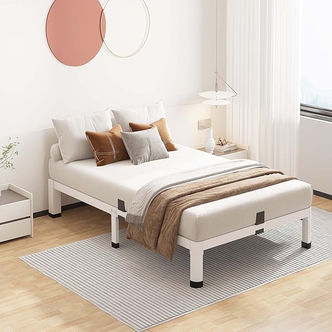 ROIL 10 Inch White Twin Bed Frame with Rounded Corner and Mattress Retainers, 3500LBS Heavy Duty Steel Slats No Box Spring Needed Platform Noise-Free Easy Assembly