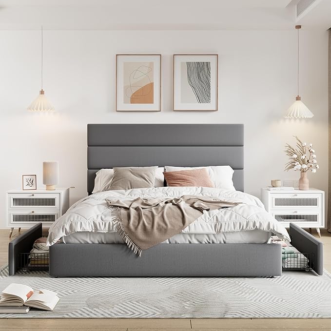 Allewie Modern Queen Size Platform Bed Frame with 4 Storage Drawers and Velvet Upholstered Headboard, Wooden Slats Support, Upholstered Mattress Foundation/No Box Spring Needed/Easy Assembly, Grey